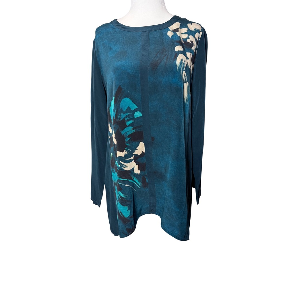 Doncaster Collection‎ 100% Silk Teal Abstract Floral Tunic Blouse High Low Top